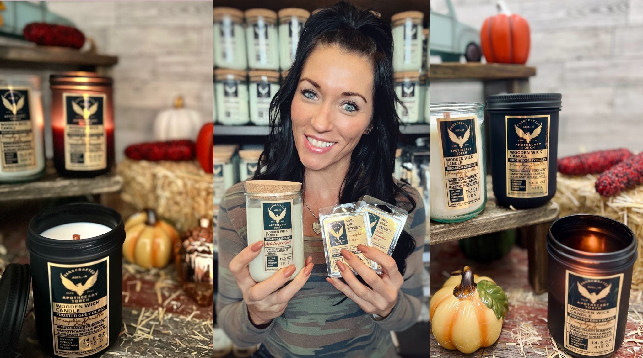 Woman holding candles and wax melts with a rustic background featuring pumpkins and hay.