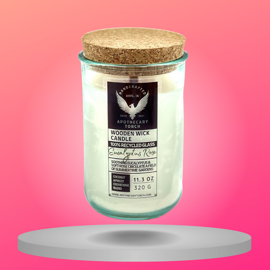 Eucalyptus Rose wooden wick candle with a tapered cork lid.